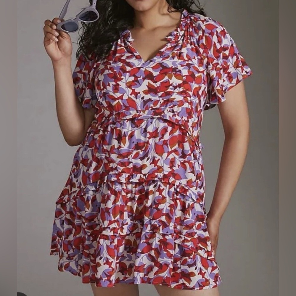 By Anthropologie Robin Ruffle Tiered‎ Abstract Viscose Petite Mini Dress